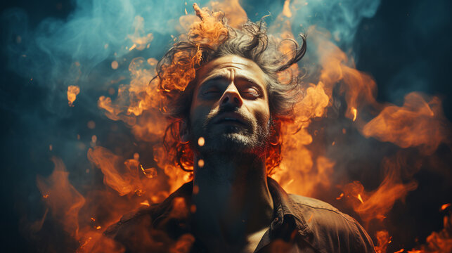 Human head on fire. Mental health concept with a human whole head fracturing and exploding. Generative Ai