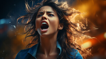 Naklejka premium Woman with a open mouth. Screaming. Generative Ai