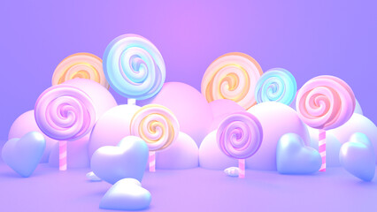 3d rendered cartoon lollipops and clouds.