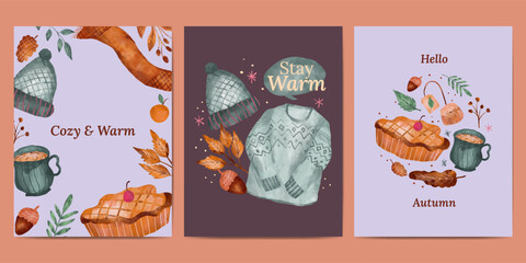 Hand drawn autumn card collection illustration