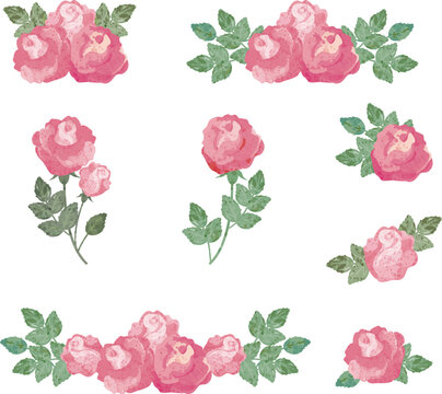 薔薇　バラ　ばら　花　水彩　手描き　あしらい　飾り　イラスト素材セット