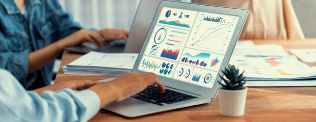 Panorama shot analyst team utilizing BI Fintech to analyze financial report with laptop....