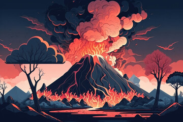 Generative AI.  A dangerous volcano eruption. disaster. danger. lava flows down the slopes of the volcano
