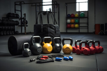 Fitness Gear Essentials. Dumbbells, Kettlebells, and Resistance Bands on Display