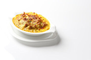 oven baked creamy cheese Japanese curry pasta fried rice with chicken seafood in bowl on brown cloth white background fork spoon western chef cuisine halal food menu for cafe