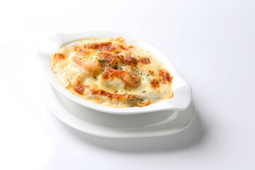 oven baked creamy cheese carbonara cream sauce pasta noodle with fresh big prawn seafood chicken chop in bowl on brown cloth white background design western chef cuisine halal food menu for cafe