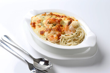 oven baked creamy cheese carbonara cream sauce pasta noodle with fresh big prawn seafood chicken chop in bowl on brown cloth white background design western chef cuisine halal food menu for cafe