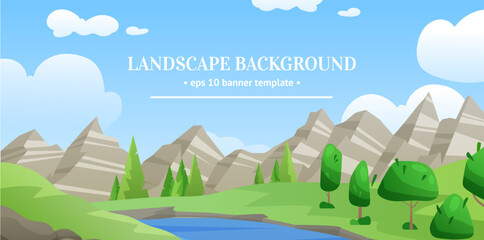 Mountain landscape. Scenic day sky with clouds. Rock range peaks. Forest trees. River valley land panorama. Green hill meadows. Wilderness summer scenery. Vector wild nature background © Natalia