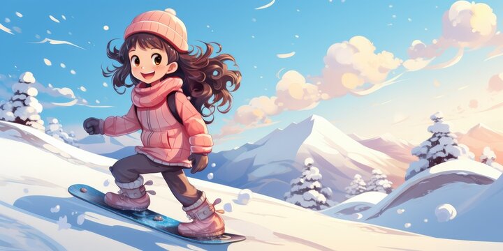cartoon cute girl at winter 