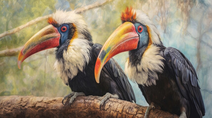 Fototapeta premium Hornbills painted in beautiful watercolors. Generative Ai