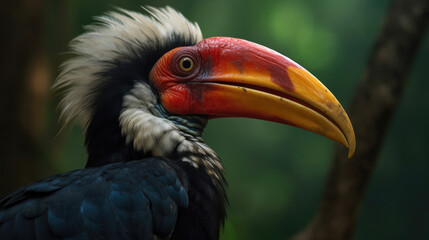 Obraz premium Knobbed Hornbill, Rhyticeros cassidix, from Sulawesi, Indonesia. Beautiful jungle hornbill in the wildlife. Generative Ai