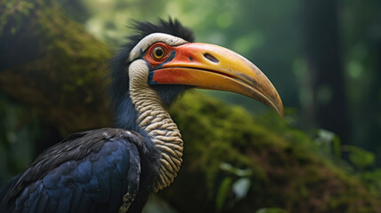 Fototapeta premium Knobbed Hornbill, Rhyticeros cassidix, from Sulawesi, Indonesia. Beautiful jungle hornbill in the wildlife. Generative Ai