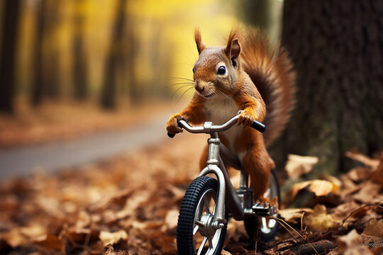 Funny squirrel with backpack riding a bicycle