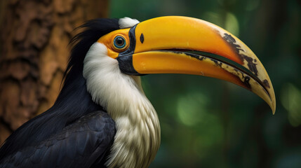 Obraz premium A Great Hornbill, also known as the great Indian hornbill or great pied hornbill, is one of the larger members of the hornbill family. Generative Ai