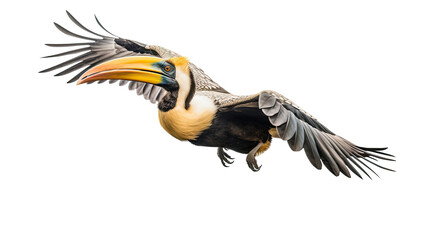 Fototapeta premium A Great hornbill Flying on a white background. Generative Ai