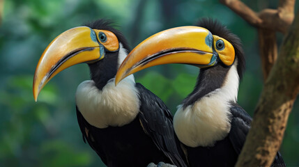 Obraz premium Two Great Hornbill Coraciiformes hornbill bird. Generative Ai