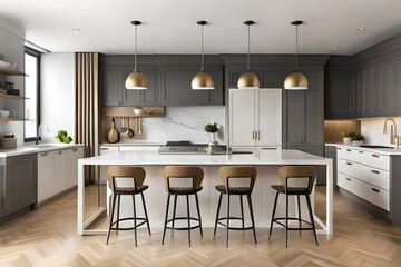 Horizontal view of modern furniture in luxury kitchen. Modern kitchen interior. 3d rendering