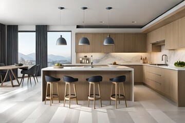 Horizontal view of modern furniture in luxury kitchen. Modern kitchen interior