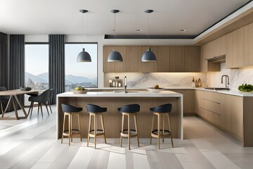 Fototapeta premium Horizontal view of modern furniture in luxury kitchen. Modern kitchen interior