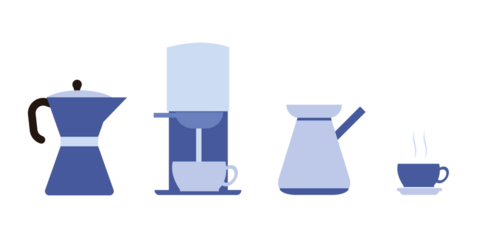 Set for coffee lovers. Isolated coffee elements. French press, coffee machine, mug, cup, milk pitcher, kettle. Icon collection for menu, coffee shop. 