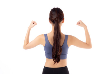 Portrait beautiful young asian woman in sportswear showing strong muscles isolated on white background, sport and exercise for health, training and strength, female slimming with confident, back view.