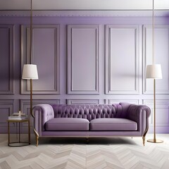 living room with a purple sofa