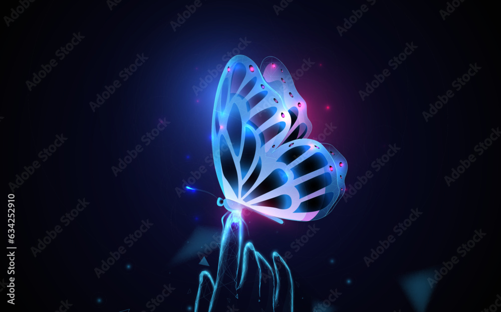 Aufkleber colorful butterfly sitting on finger. low polygonal and wireframe from dots and lines. vector illust
