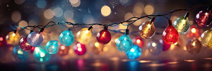 close-up shot of a string of fairy Christmas lights with various colors, capturing the delicate glow of each bulb  - obrazy, fototapety, plakaty