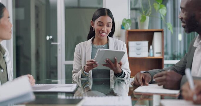 Tablet, group of business people with woman boss and pitch feedback for project management workshop. Teamwork, meeting and happy team with ceo, online report and brainstorming together on proposal.