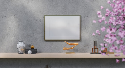 Frame on wall texture mockup with green plant,Green wall and shelf. 3D rendering.