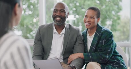 Finance, planning and couple consulting financial advisor for help, guidance or loan in office. Investment, deal and agreement by black woman and man with consultant for budget or insurance plan