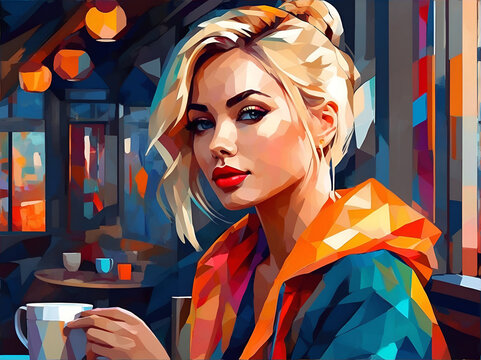 Beautiful young woman drinking coffee in the cafe. AI generated