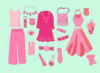 Pink trendy barbiecore set, pink aesthetic accessories and clothing