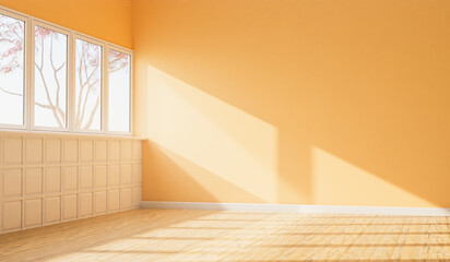 The wall of the room where light comes in from the window overlooking the trees outside gives a warm atmosphere.3d rendering.