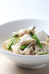 hot wok chinese fried kway teow vermicelli noodle with grouper fish slices and vegetables in thick gravy egg sauce in bowl on brown cloth white background asian chef cuisine halal food menu for cafe
