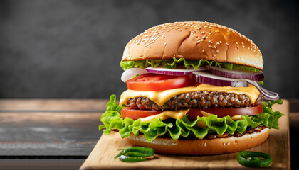 Delicious fast food. Delicious tasty burger with lettuce, cheese, onion and tomato on a rustic wooden plank on a black background