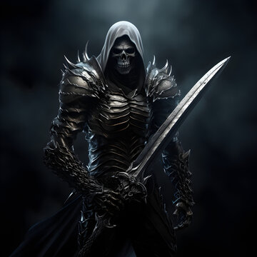 High contrast black and grey skeleton warrior holding on sword
