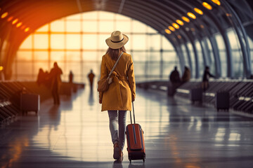 A girl with a suitcase is at the airport. The concept of travel.