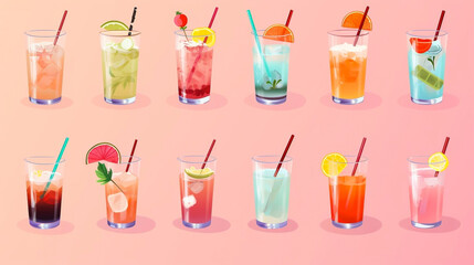 AI generated, bundle of cocktails set. Illustration of different coctails on a pastel background. Illustration suited for T-shirt, napkins, menu. Different forms of glasses. Multi-colored.