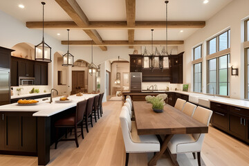 Stunning dining area and kitchen in New Luxury Home. Wooden beams and elegant pendant lights accentuate the beautiful open floor plan, dining area and kitchen. Template. Dining room