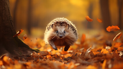 freedom the hedgehog runs through the autumn forest dynamic scene leaves fly around the onset of autumn changes - obrazy, fototapety, plakaty