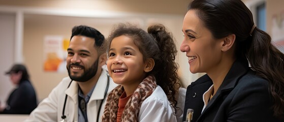 Parents and their kids in doctor office waiting rooms checking in at the front desk