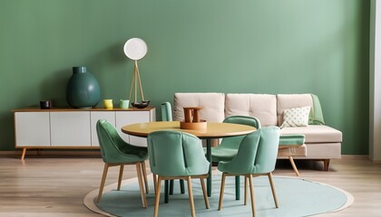 Mint color chairs at round wooden dining table in room with sofa and cabinet near green wall. Home interior design of modern living room. Generative AI