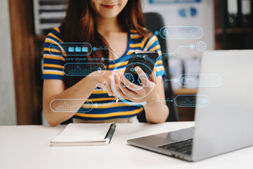 Woman using chatbot in computer and tablet  smart intelligence Ai.Chat with AI Artificial Intelligence, developed by OpenAI generate. Futuristic technology, robot in online system.