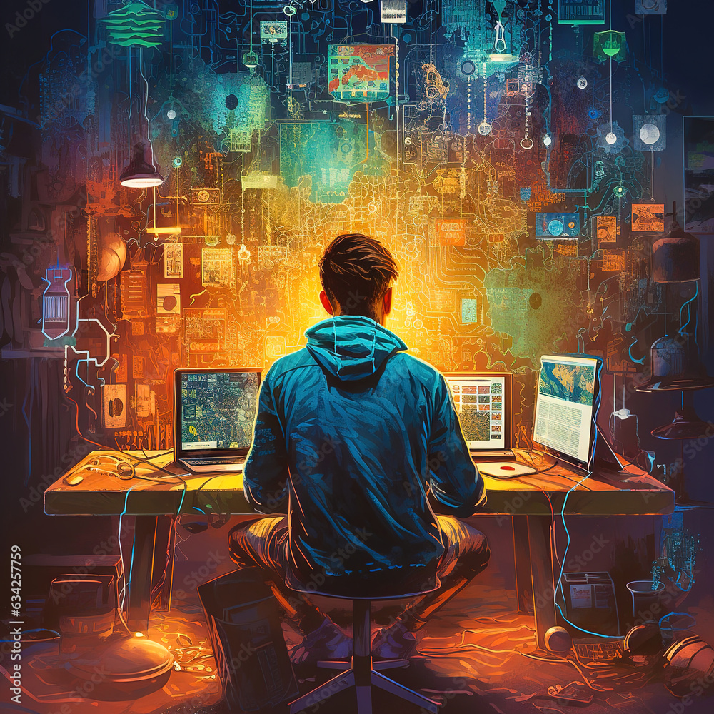 Wall mural a male programmer works at a computer. world wide web.