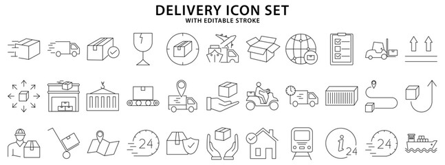 Delivery Icons. Set icon about delivery. Delivery Line Icons. Vector Illustration. Editable Stroke.