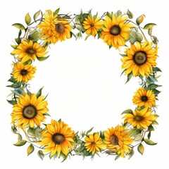 Sunflower wreath round frame of yellow flowers watercolor illustration