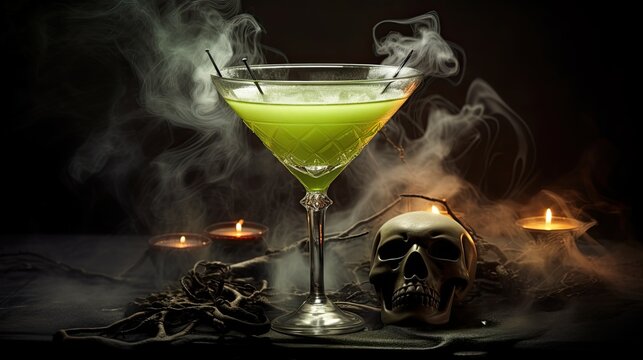 Spooky Halloween cocktail with ghostly mist served in a skull glass. Creepy and festive drink for the holiday.