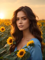 Naklejka premium Portrait of beautiful brunette girl 8n sunflower field, people background, banner with copy space text 