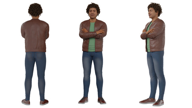 3D rendering pose set full body the man dark skin in casual dress includes alpha matte.
